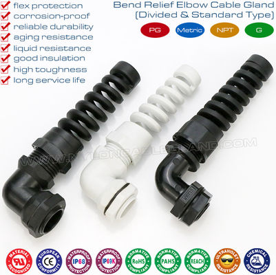 90° Elbow (Right Angle) IP68 Plastic Metric Cable Glands with Spiral Flex & Bend Protection