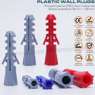 Expandable Plastic Wall Plugs (Screw Anchors, Drywall Anchors) Gray, Red or Blue Ø10 x 50mm 100pcs with Ø6~8mm Screws for Home Decor