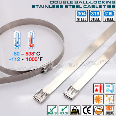 Stainless Steel Cable Ties with Double Ball Lock, 350~1100mm Lengths, 12mm & 16mm Widths, Ø25~278mm