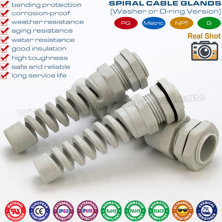 Nylon (Polyamide) Cable Gland, Spiral Type, IP68 Version, PG or Metric Pitch, Gray or Black, for Electrical Cabinet