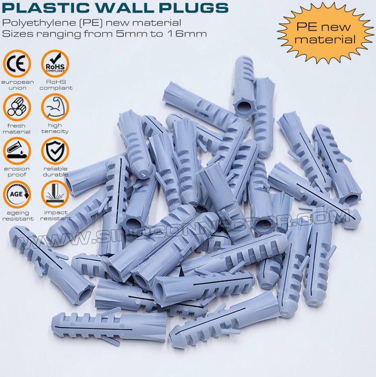 Expandable Plastic Wall Plugs (Screw Anchors, Drywall Anchors) Gray, Red or Blue Ø10 x 50mm 100pcs with Ø6~8mm Screws for Home Decor