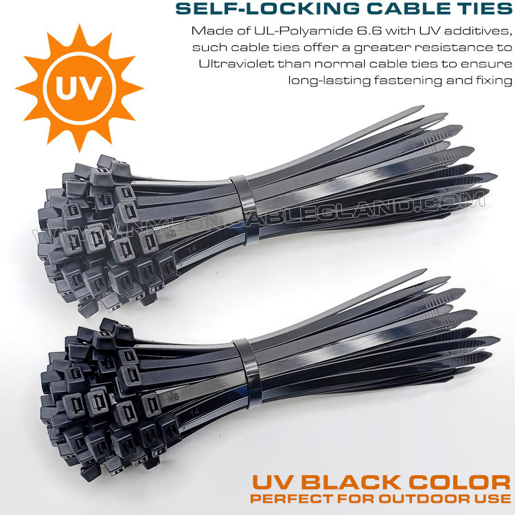 UV Resistant Black Polyamide 6.6 Cable Tie Plastic Zip Tie Strap 200mm x 4.8 (22kgs, 50lbs) for high UV Environments