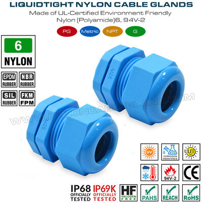 방수 케이블 커넥터 M25x1.5 플라스틱 케이블 글랜드 IP68, 13-18mm 범위, 나일론 (PA) 6, UL746C-f1 등급, 야외 사용